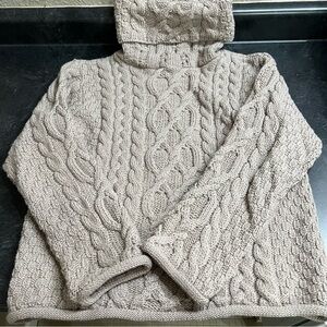 Inis Crafts Wm M Taupe Merino wool Ireland cable knit roll turtleneck sweater